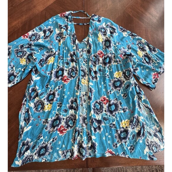 Billabong Floral Kimono Cardigan Cover Up Turquoise Bohemian Flowy - Picture 7 of 13